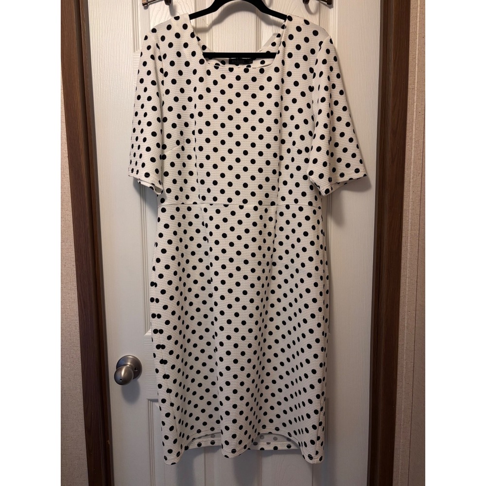 Mikarose White Black Polka Dot Textured Sheath Dress XXL Modest Short Sleeve
